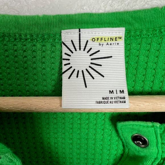 Offline By Aerie Medium Bright Green Waffle Thermal Henley Long Sleeve Shirt - Picture 3 of 10